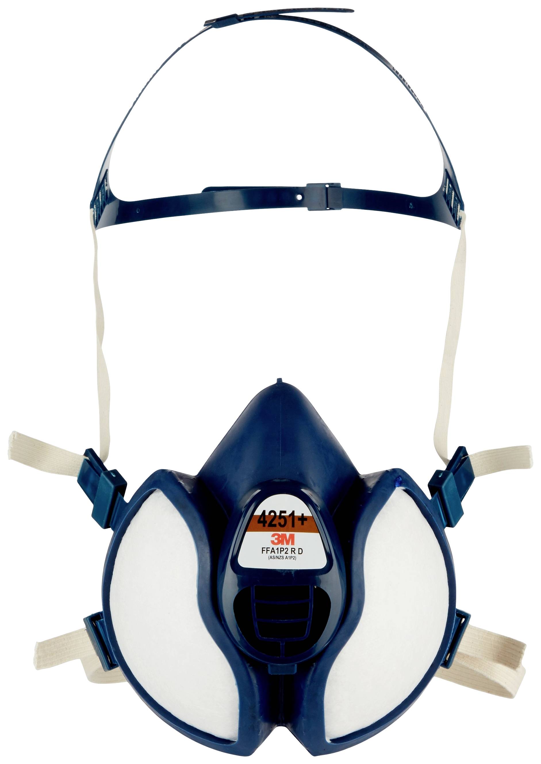 Eine blaue Atemschutzmaske mit weißen Filtern und verstellbaren Bändern zur persönlichen Schutzausrüstung.