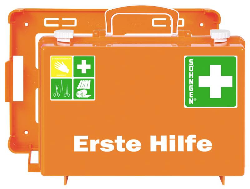 Orangener Erste-Hilfe-Kasten mit der Aufschrift „Erste Hilfe
