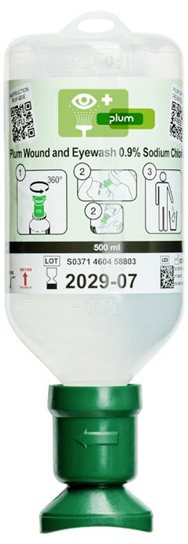 Eine weiße 500-ml-Flasche mit Plum Wound and Eyewash 0,9% Natriumchlorid mit grünem Deckel, gekennzeichnet für Augen- und Wundspülung.