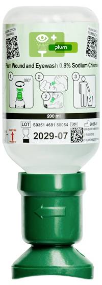 Flasche mit Pflaumen-Augen- und Wundenspülung 0,9% Natriumchlorid mit Augensymbol und Schritt-für-Schritt-Verwendungsdiagramm; 200 ml und Verfallsdatum 2029-07 auf dem Etikett.