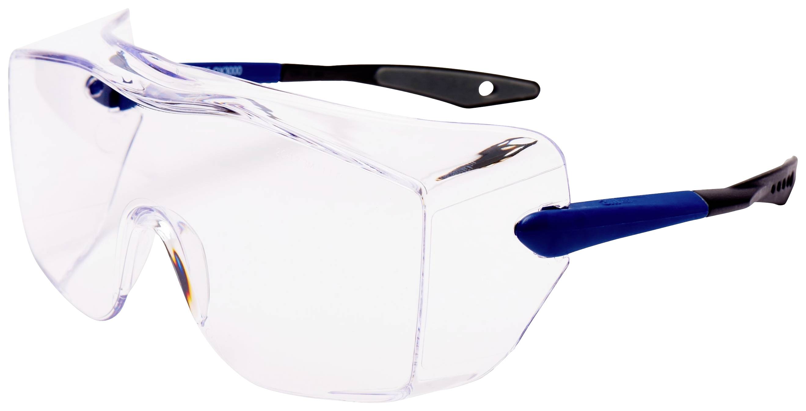 Schutzbrille mit klaren Gläsern und blauen Bügeln, geeignet für den Einsatz in Laboren oder bei handwerklichen Tätigkeiten.