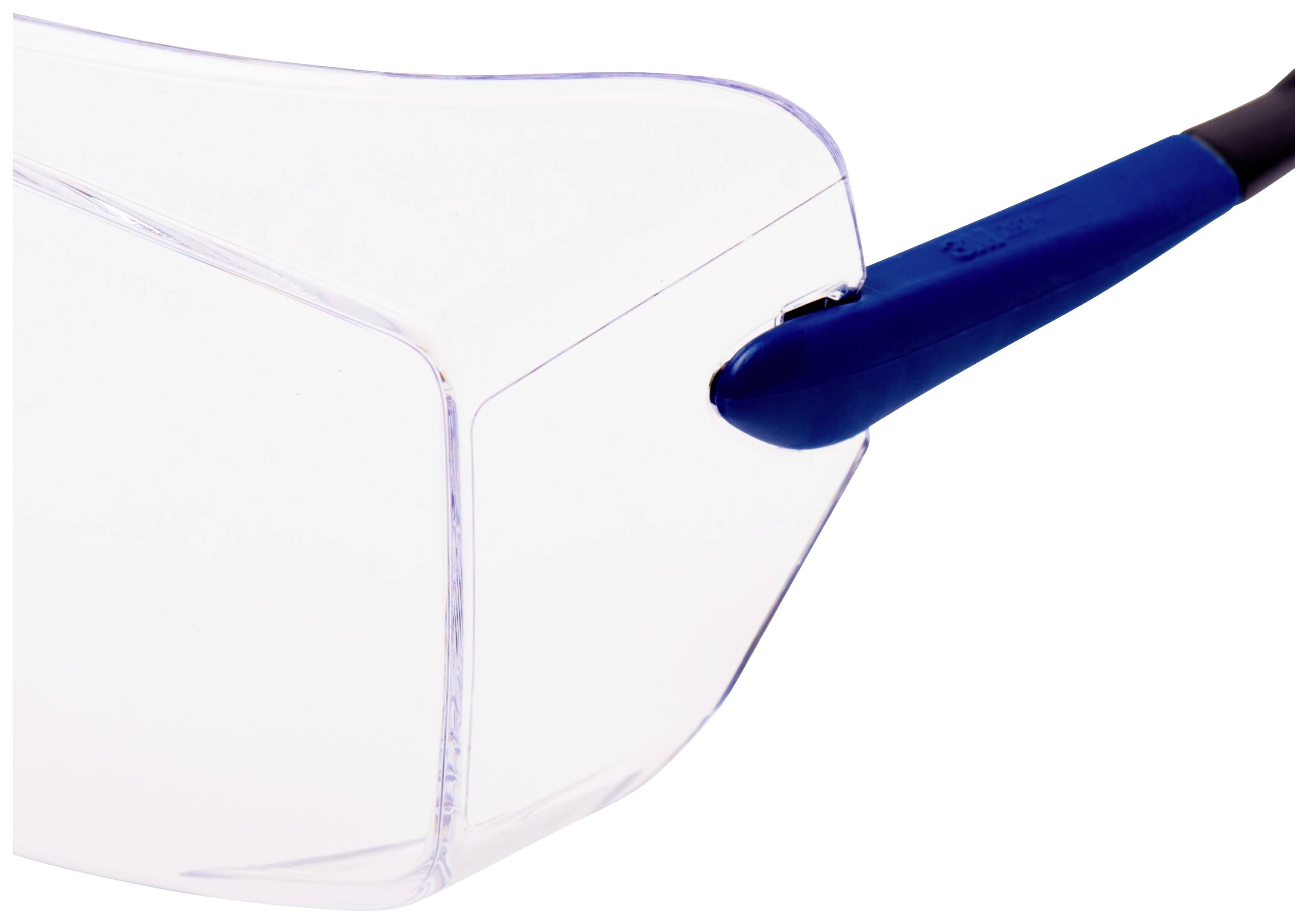 Eine klare Schutzbrille mit blauem Bügel.