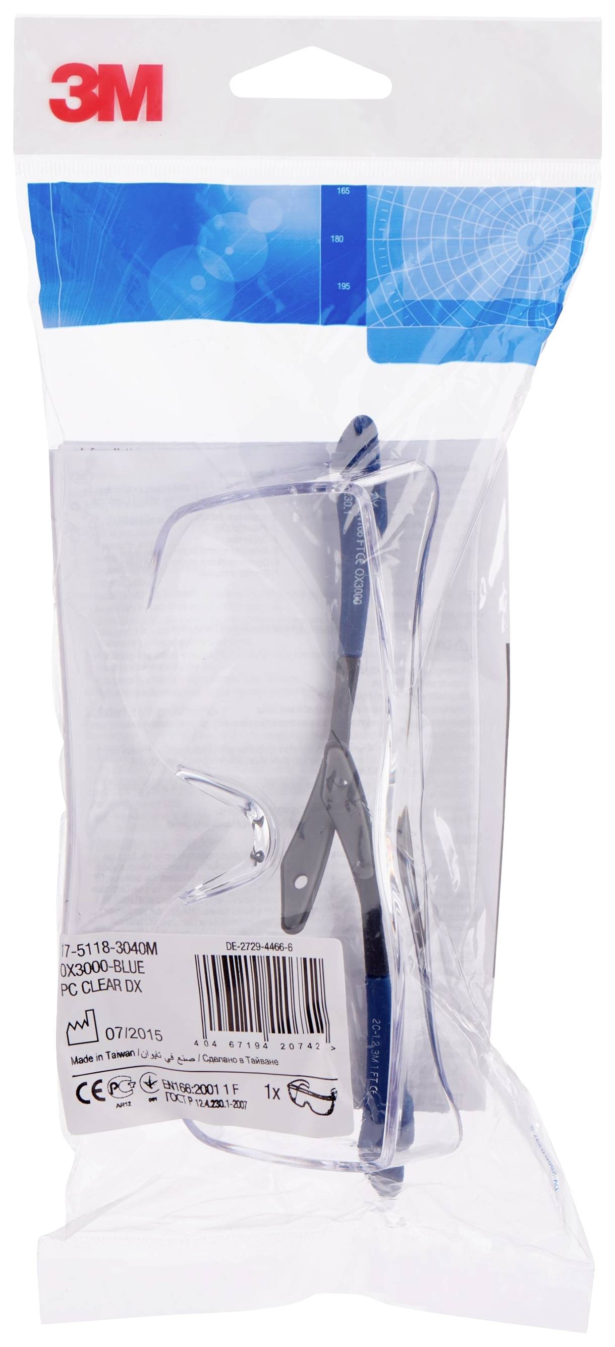 Eine Verpackung von 3M-Schutzbrillen. Die Verpackung ist durchsichtig und zeigt die Brille im Inneren.