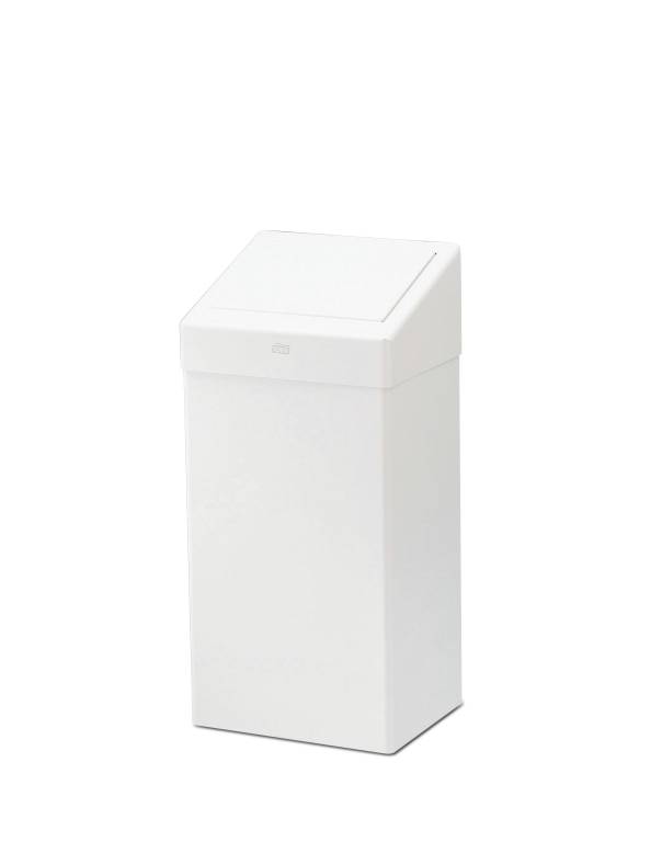 Ein weißer, rechteckiger Mülleimer mit geneigtem Deckel, geeignet für den Innenbereich. Ideal für Küche oder Büro.
