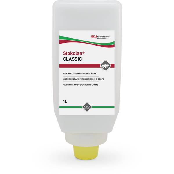Stokolan Classic, 1-Liter-Flasche Hautpflegecreme. Enthält Feuchtigkeitsspender, geeignet für Hände und Körper.