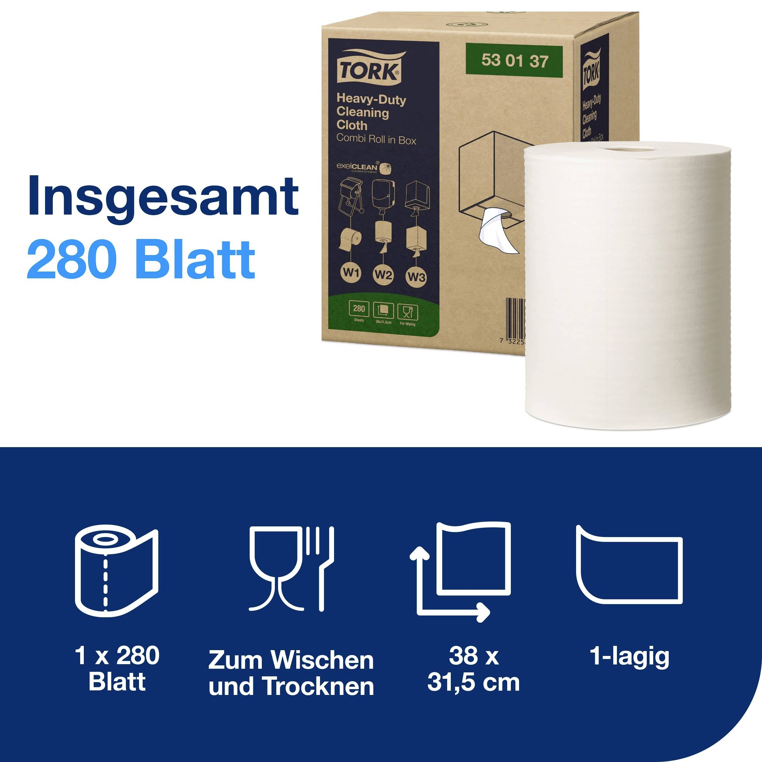 Verpackung und Rolle von Tork Reinigungstüchern, insgesamt 280 Blatt. Ideal zum Wischen und Trocknen, 1-lagig, 38 x 31,5 cm.