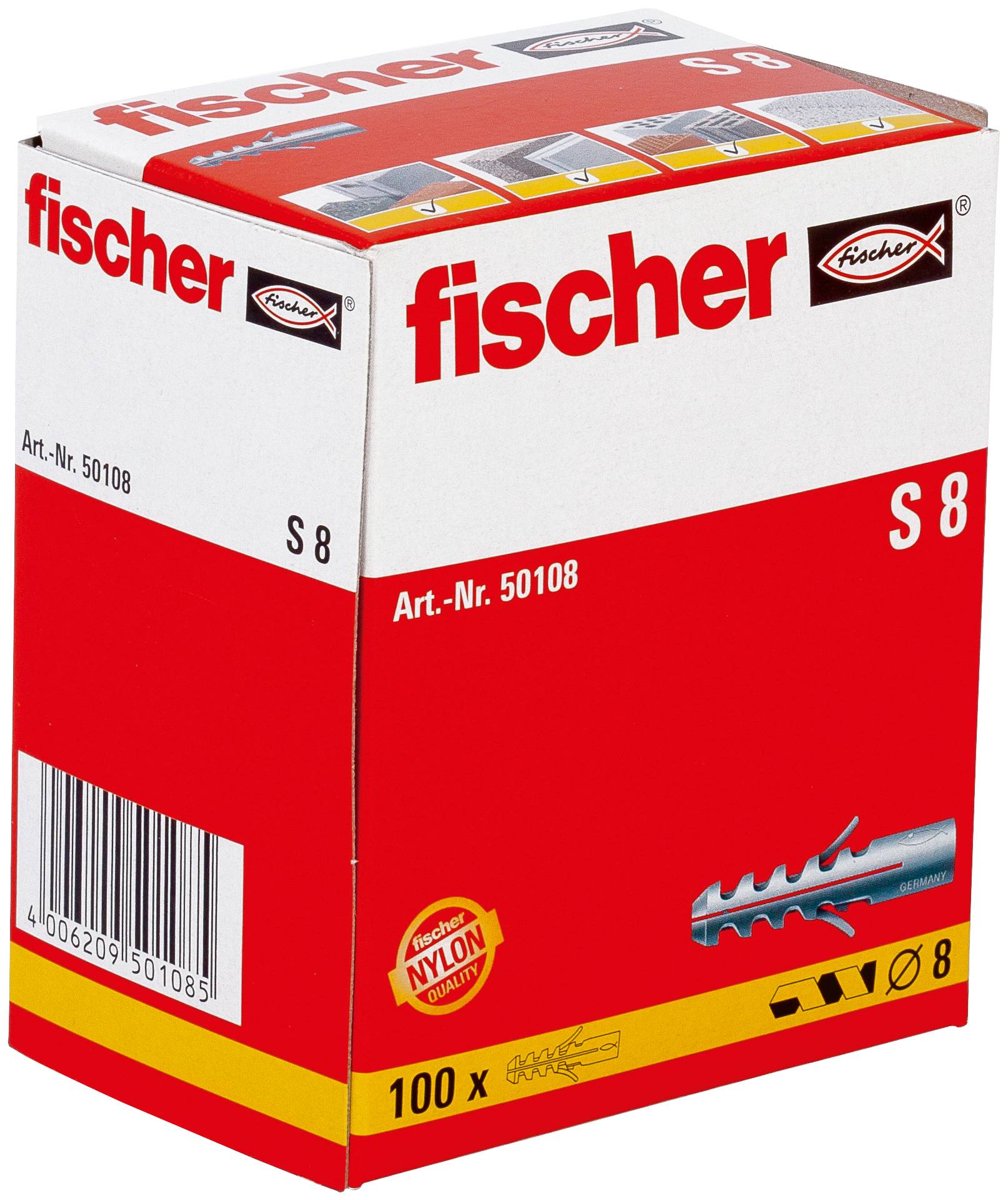 Verpackungsbox von fischer S 8 Dübeln, rot und weiß, mit der Aufschrift '100 x' und 'Art.-Nr. 50108' mit einem Barcode.