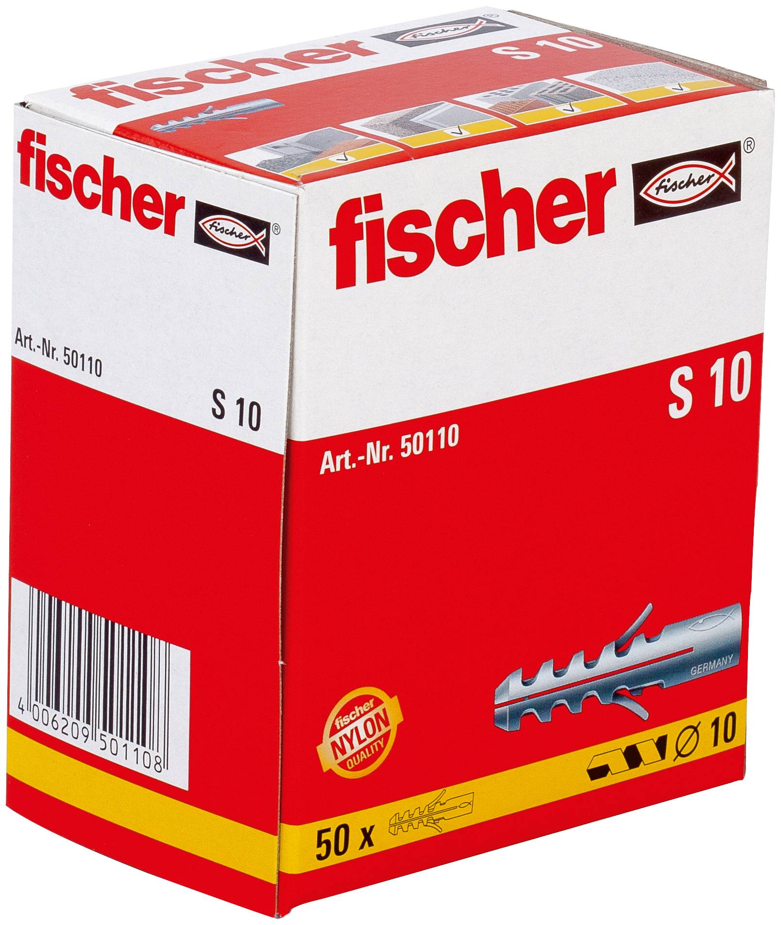 Produktverpackung für fischer S 10 Kunststoff-Dübel, gekennzeichnet mit Art.-Nr. 50110, 50 Stück.