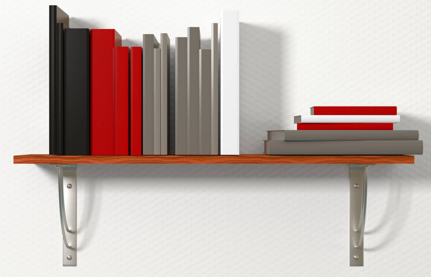 Wandregal mit aufrecht stehenden Büchern auf der linken Seite und einem kleinen horizontalen Bücherstapel auf der rechten Seite.