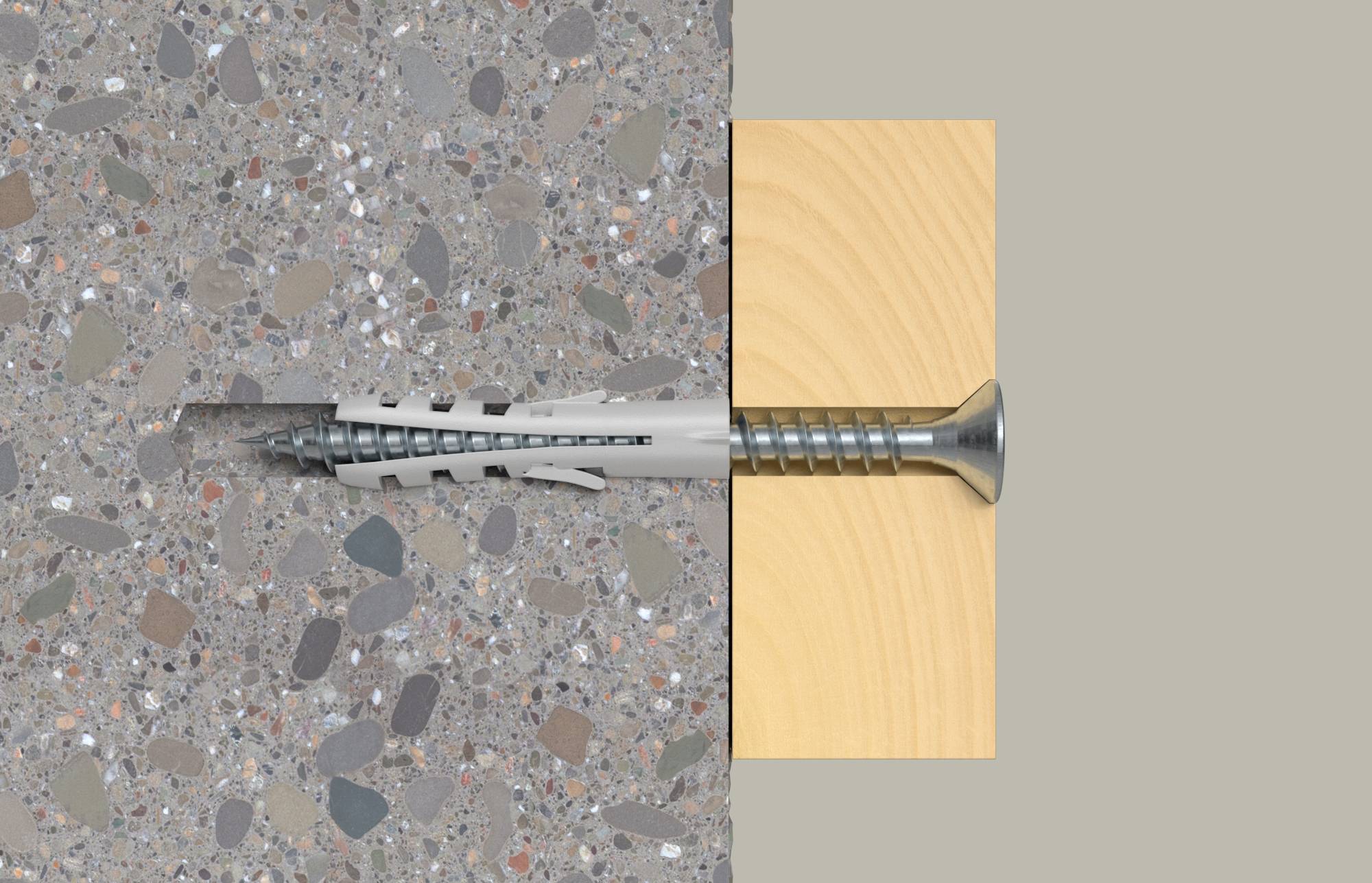 Querschnittsdiagramm einer Gewindeverankerung in Beton und Holz, das zeigt, wie das Gewinde-Befestigungselement expandiert, um die Materialien zu greifen.