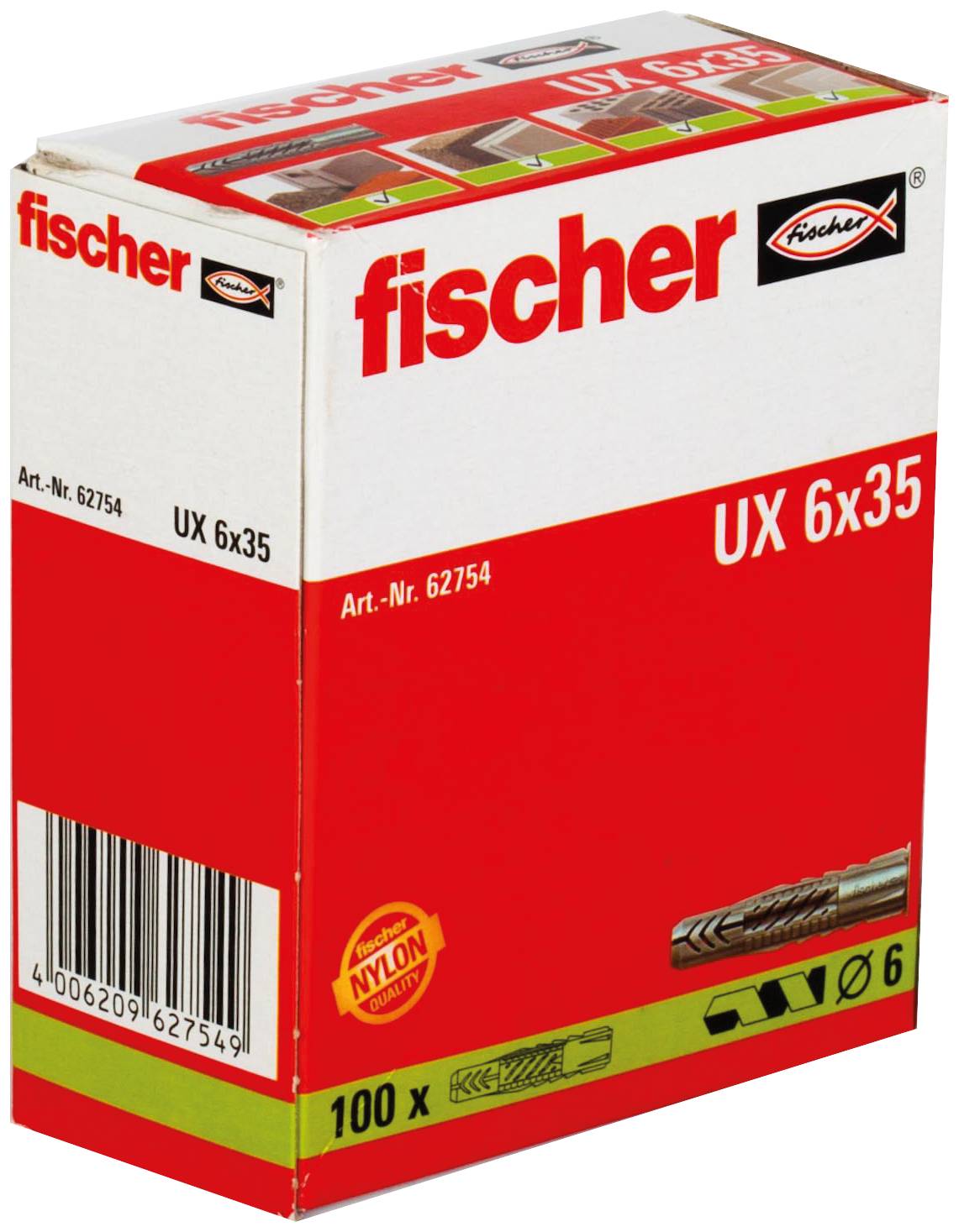 Schachtel Fischer UX 6x35 Dübel, gekennzeichnet mit 100x, mit Barcode und Produktdetails auf einer rot-weißen Verpackung.