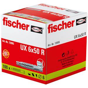 Packung fischer UX 6x50 R Dübel, rot-weiße Verpackung mit Produktabbildung und 100er-Stückzahl.