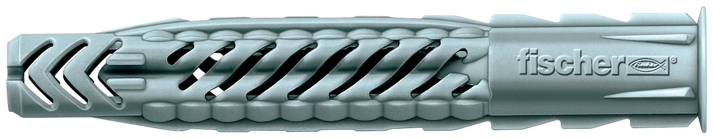 Grauer Fischer-Wandanker mit Expansionsflügeln und pfeilförmigen Schlitzen, horizontal auf weißem Hintergrund dargestellt.