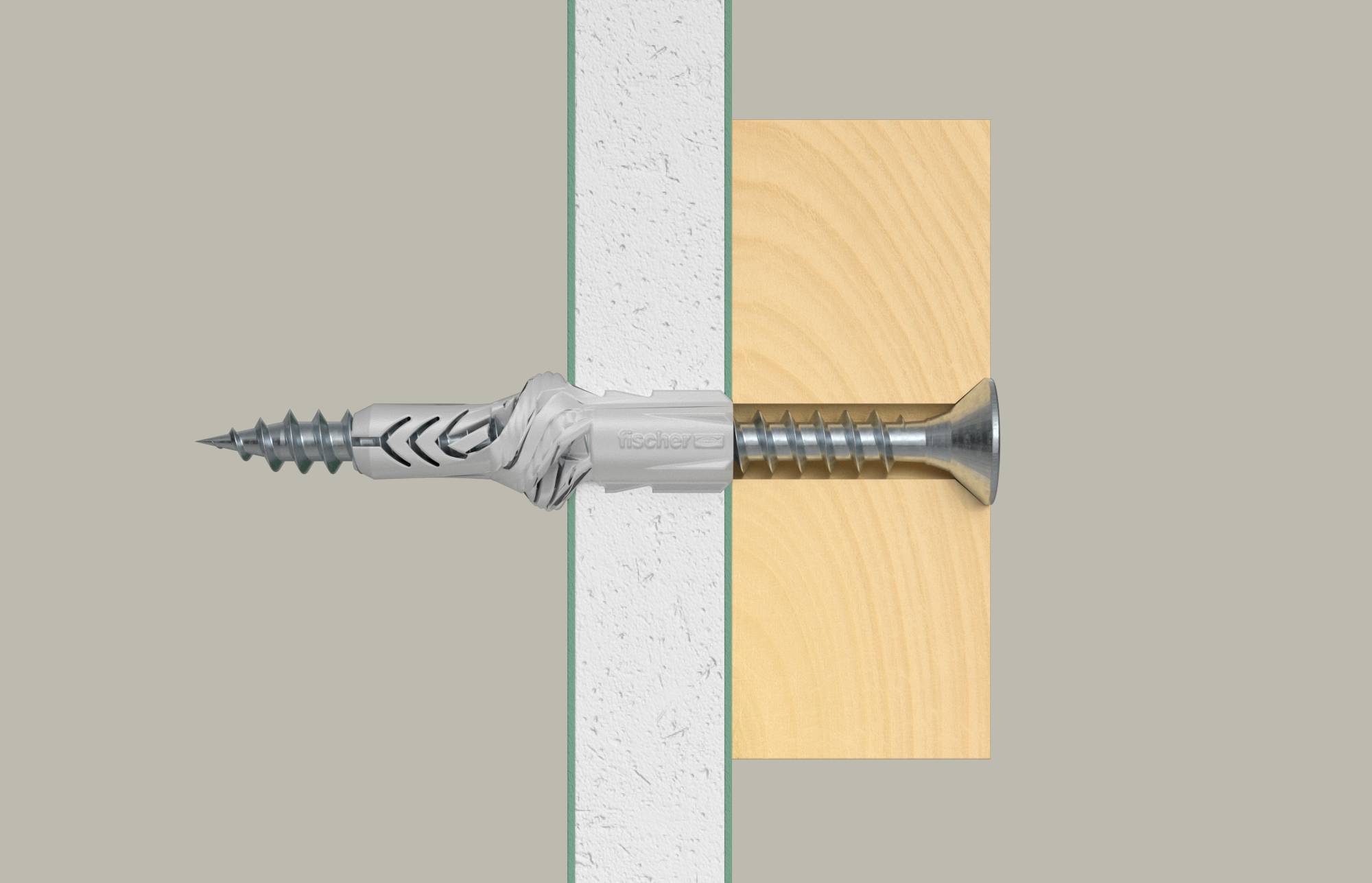 Seitenansicht einer Wanddübel und Schraube, die durch eine Gipskartonwand in einen Holzständer installiert sind, wobei die Befestigungsmethode gezeigt wird.