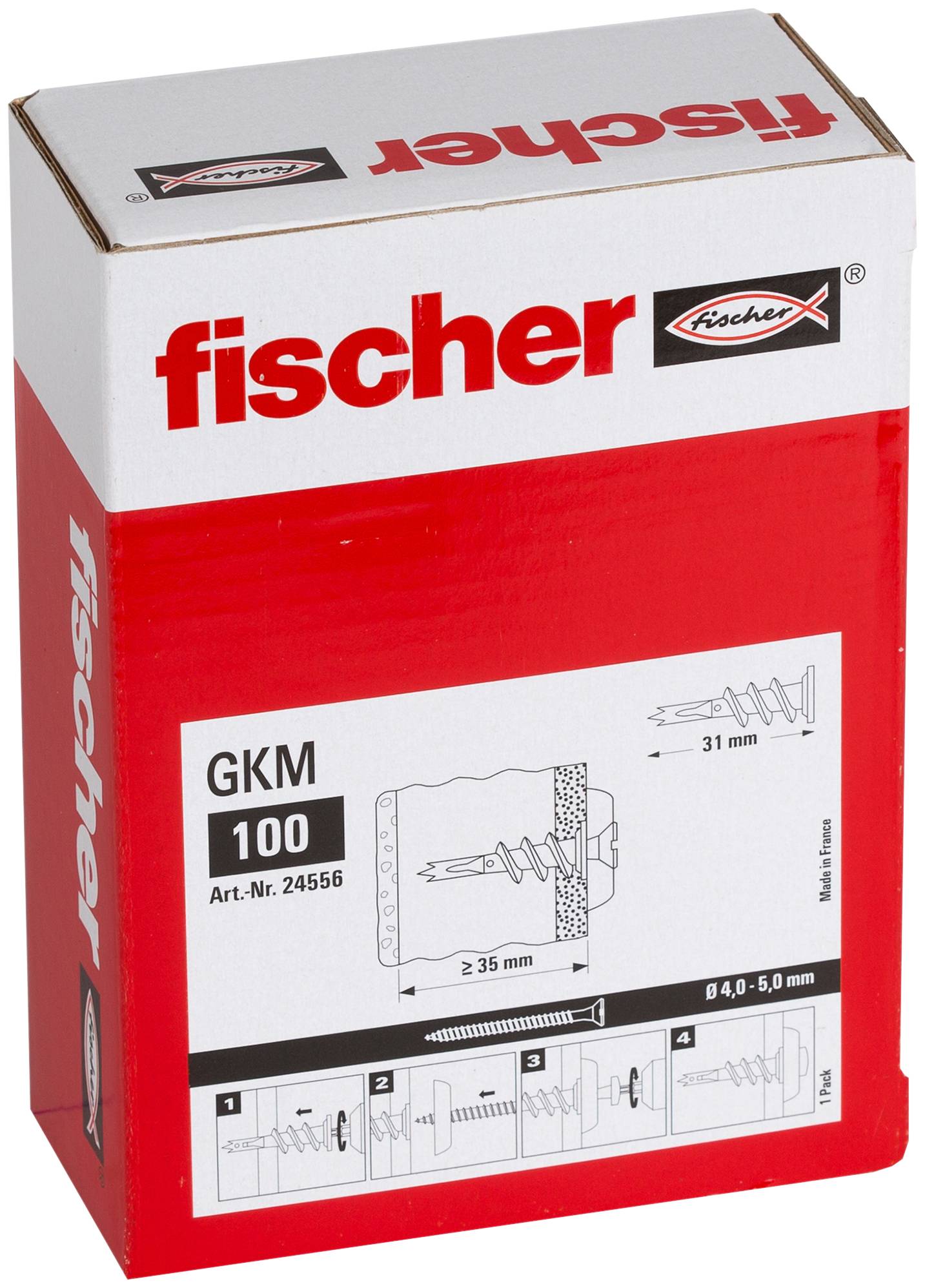 Red and white Fischer GKM 100 wall anchor box with product diagram and installation instructions on the front.