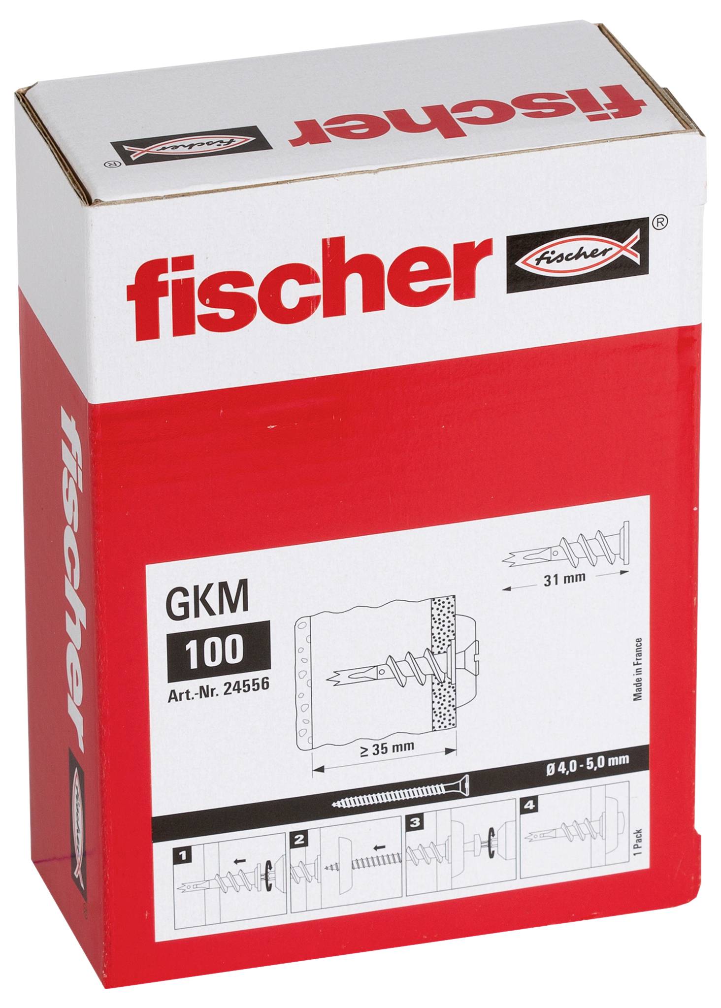 Box of fischer GKM 100 wall plugs, showing product branding and installation diagram on the package.