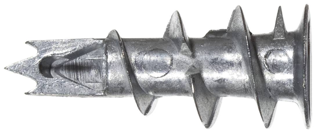 Großaufnahme eines metallischen Gewindeankers mit spitzer Spitze und spiralförmigen Rillen zum Halt in Gipskarton oder Mauerwerk.