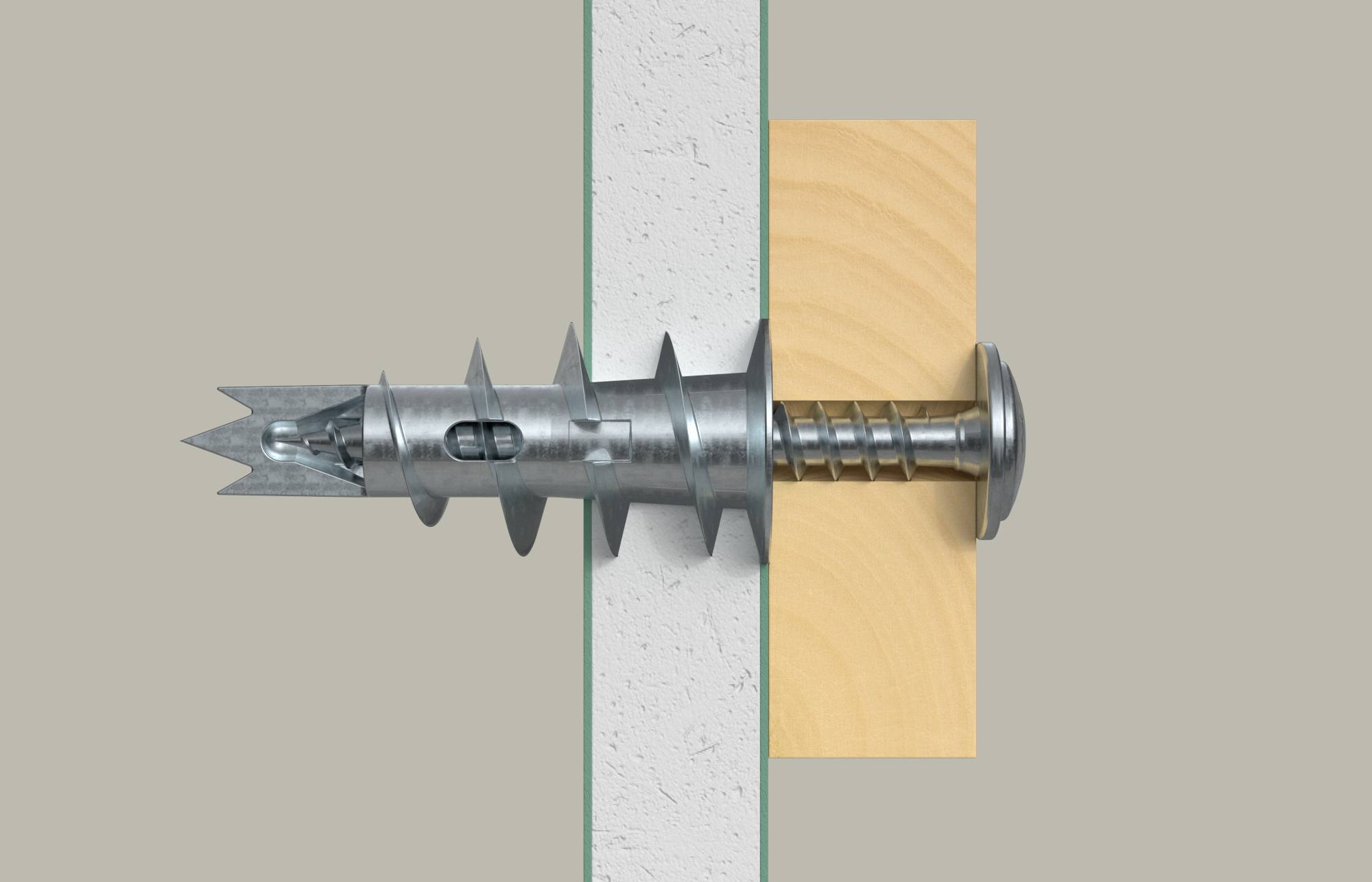 Abbildung einer Gewindeschraube, die durch Gipskarton in einen Holzständer getrieben wird, wobei gezeigt wird, wie sie Materialien an einer Wand befestigt.