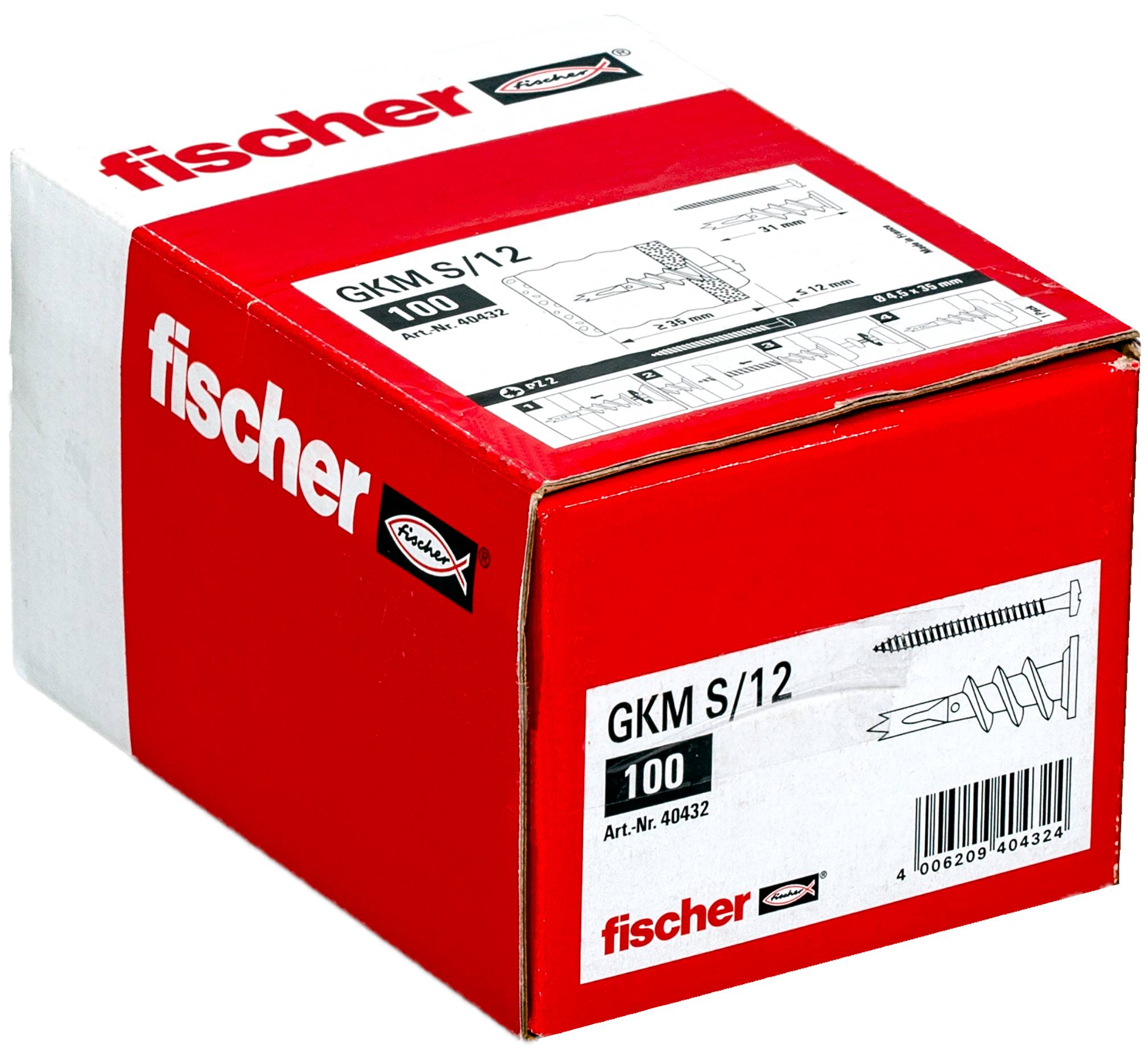 Rote Fischer-Produktbox mit Beschriftung 'GKM S/12' und '100', gezeigt mit einer Illustration eines Schraubankers und einem Barcode.