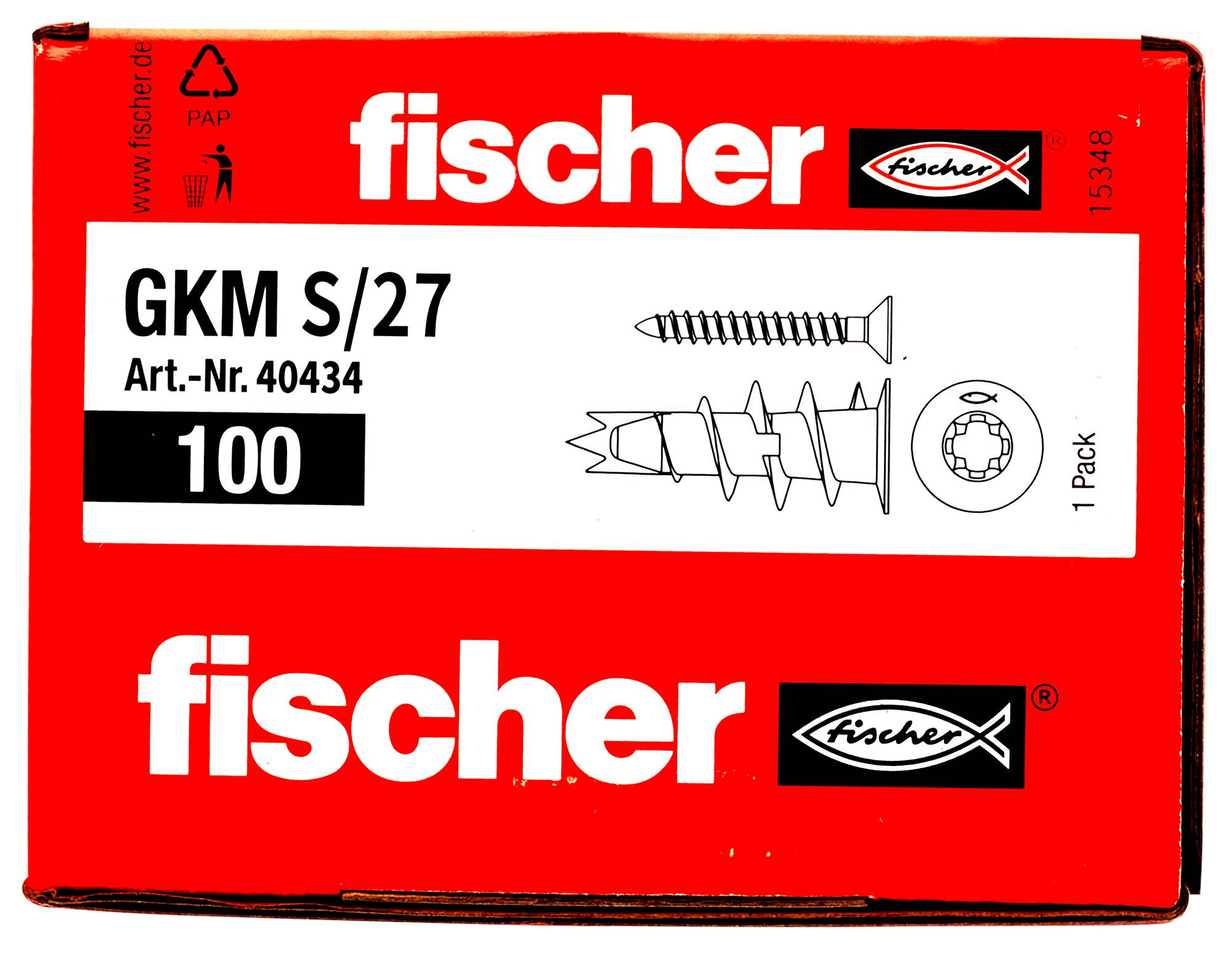 Rote Fischer-Hardwarebox mit Beschriftung "GKM S/27" und "100", mit Abbildungen von Schraube und Wanddübel sowie "1 Pack".