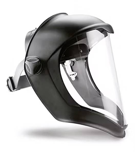 Schwarze Atemschutzmaske mit durchsichtigem Visier und verstellbarem Kopfband, verwendet für Schutz vor Schadstoffen in der Luft.