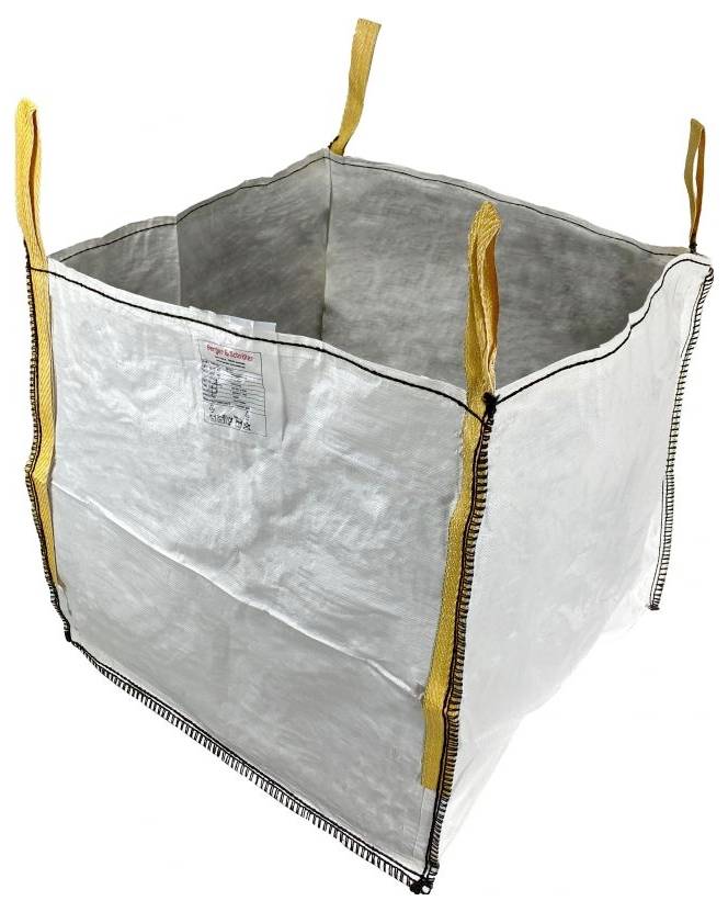Großer, weißer Big Bag mit vier gelben Schlaufen an den Ecken. Der Bag ist offen und eignet sich zum Transport oder zur Lagerung von Schüttgut.