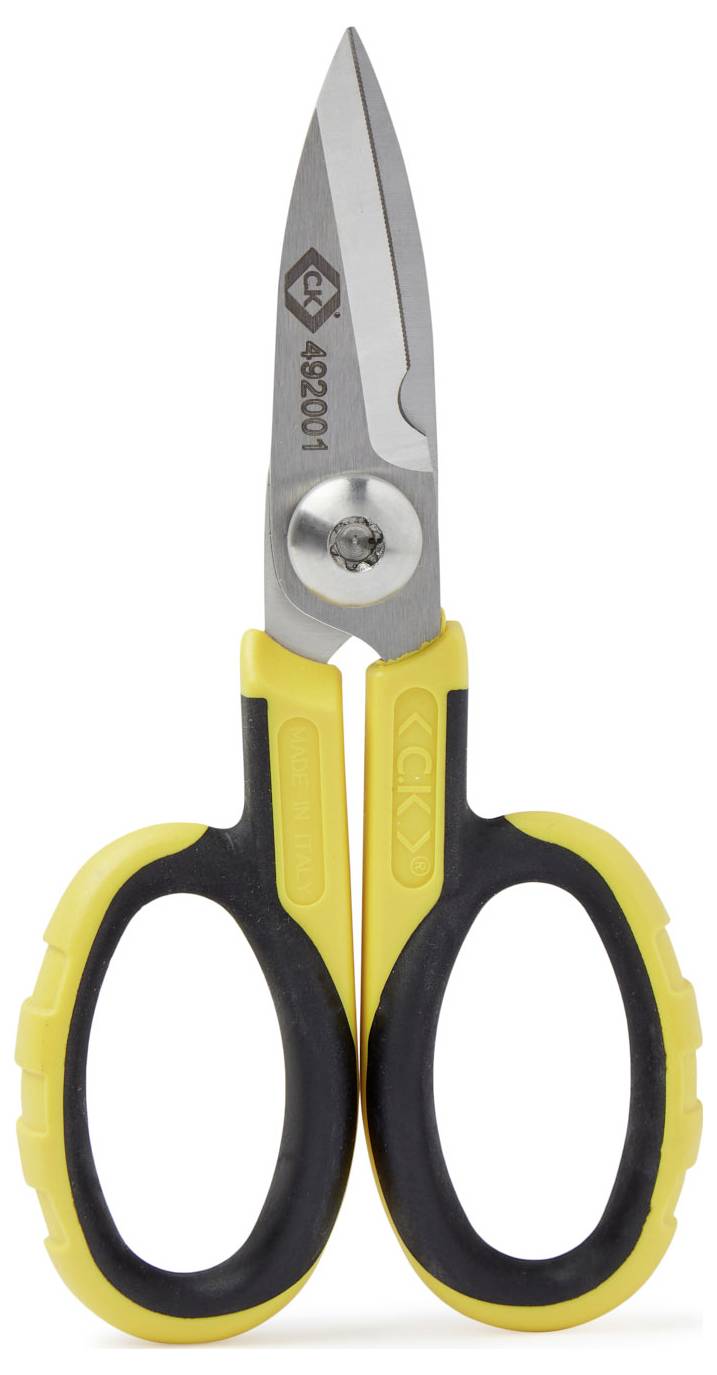Eine gelb-schwarze Schere mit Metallklingen wird aufrecht gezeigt. Sie hat rutschfeste Griffe und eine robuste Bauweise.