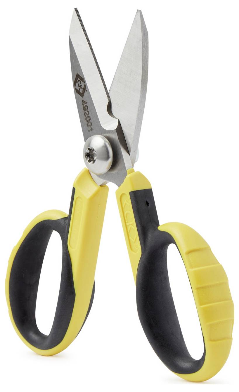 Gelbe und schwarze Schere mit Edelstahlklingen, geeignet für verschiedene Schneidarbeiten in Haushalt oder Büro.