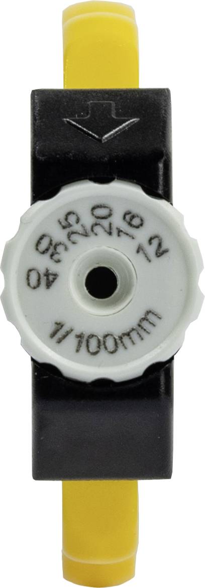 Nahaufnahme eines mechanischen Teils mit Ziffern und Pfeil. Zeigt Messskala von 10 bis 40 in Einheiten von 1/100mm. Hauptsächlich schwarz und gelb.