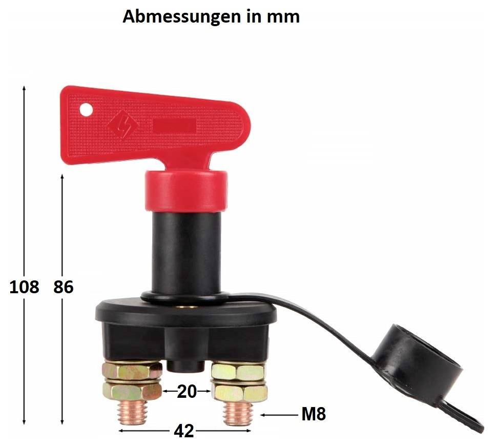 Batterietrennschalter mit M8-Bolzen, rotem Schlüssel und Abmessungen in mm: Höhe 108, Breite 42, Schlüsselhöhe 86.