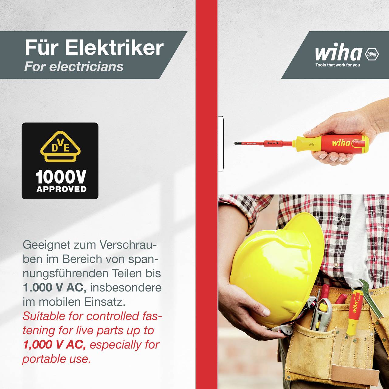 Eine Person hält ein gelbes Bauarbeiterhelm und einen roten Schraubendreher, der bis zu 1.000 V AC isoliert ist, für Elektriker geeignet.