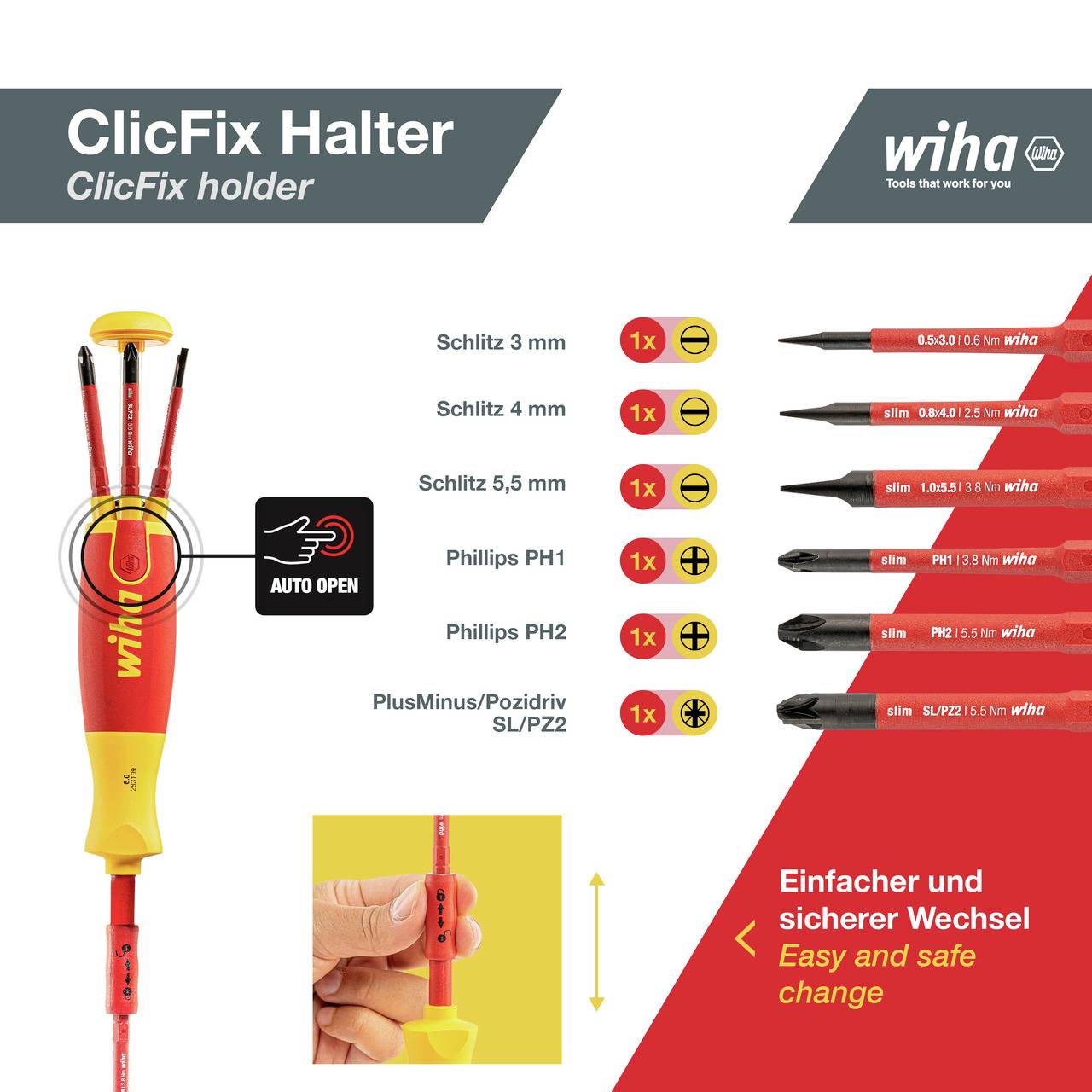 Abbildung zeigt Wiha ClicFix Halter mit Schraubendreheraufsätzen in verschiedenen Größen und Typen. Text: 'Einfacher und sicherer Wechsel'.