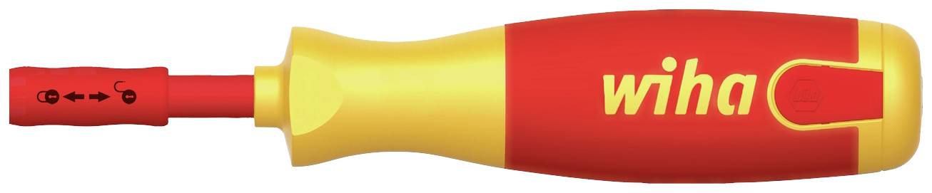 Ein roter und gelber Schraubendreher mit der Aufschrift 'wiha' auf dem Griff, geeignet für elektrisches Arbeiten dank isoliertem Design.