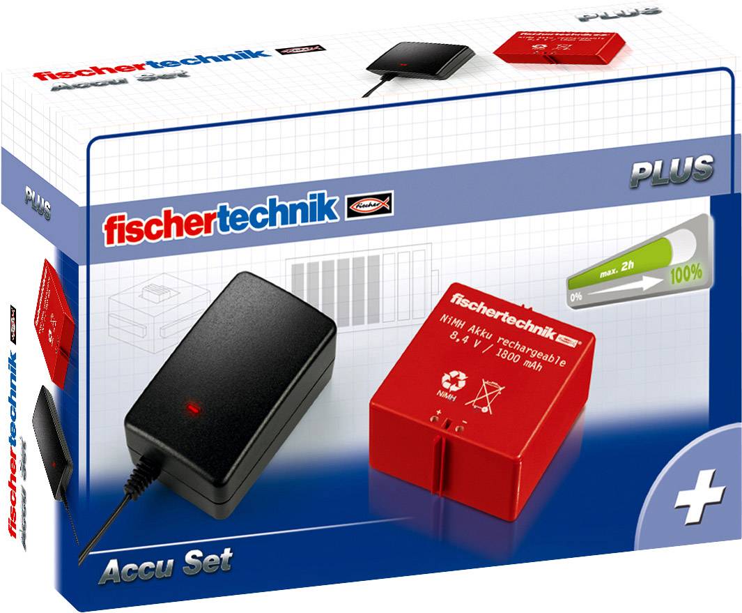 Verpackung eines 'fischertechnik' Accu Sets, zeigt Ladegerät und Akku. Text 'PLUS' und Ladeanzeige mit 100 % auf der Vorderseite.