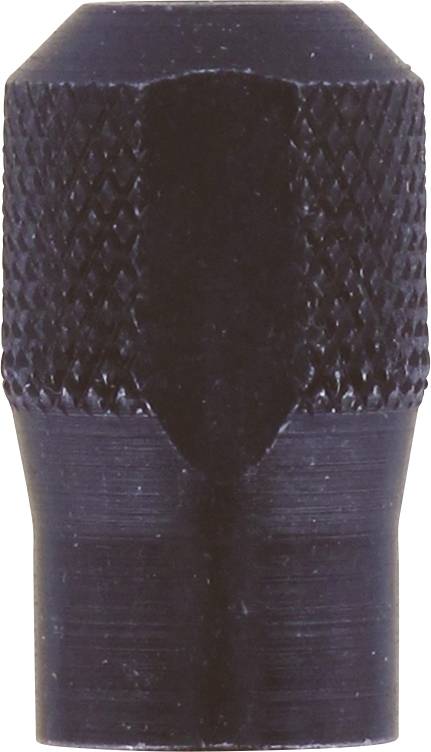 Ein schwarzes, zylindrisches Metallteil mit geriffelter Oberfläche und konischem Ende, möglicherweise ein Adapter oder Verbinder.