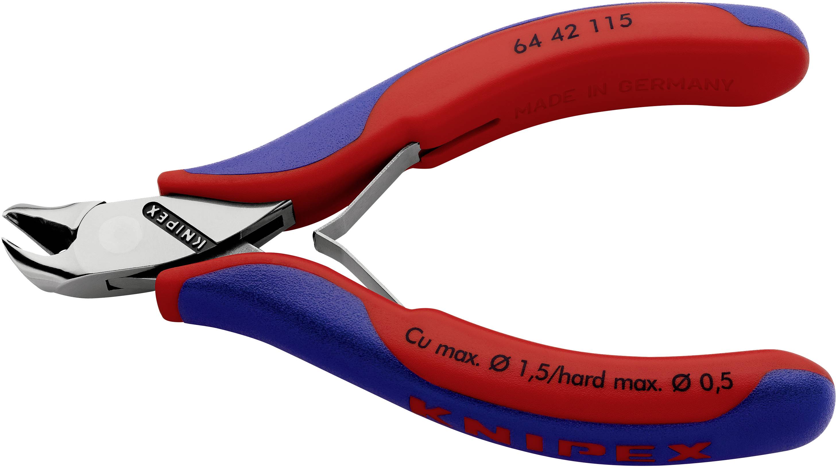 Eine rot-blaue Knipex-Seitenschneider mit der Aufschrift 'CU max. Ø 1,5/hard max. Ø 0,5'. Geeignet zum Schneiden von Drähten.