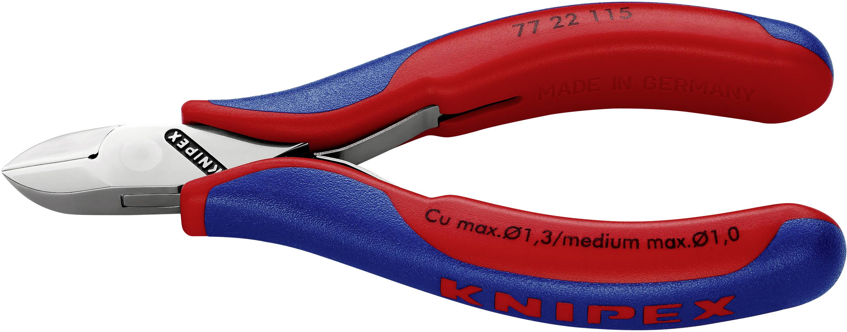 Eine rote und blaue Seitenschneiderzange der Marke Knipex, geeignet für Kupferdraht mit maximalem Durchmesser von 1,3 mm.