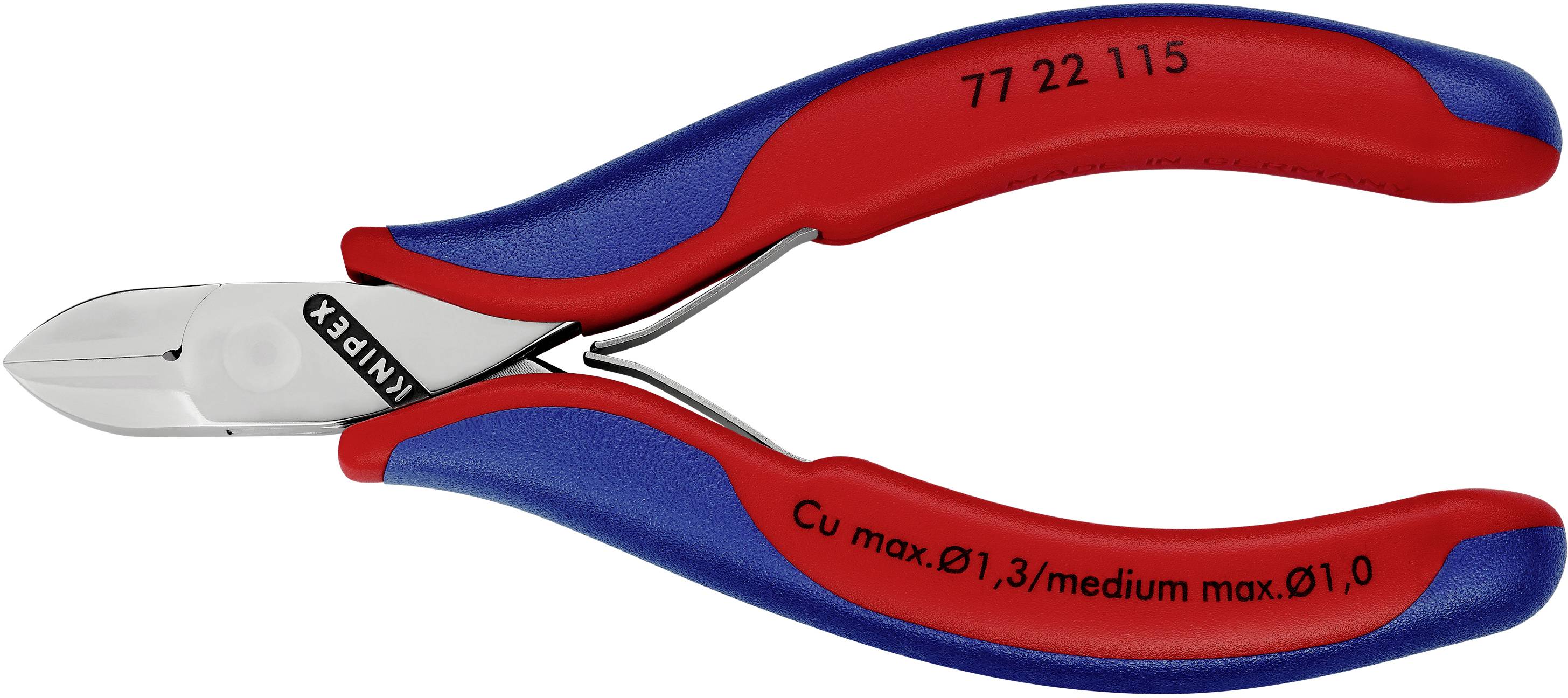 Eine rote und blaue Seitenschneiderzange mit silberner Schneide, geeignet für Kupferdrähte bis Ø1,3 mm und mittlere Drähte bis Ø1,0 mm.