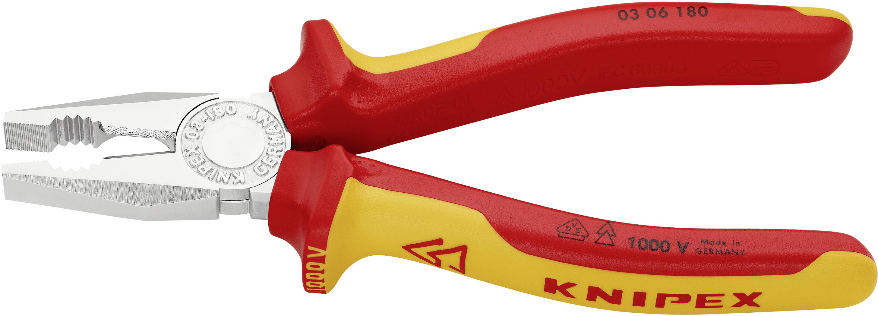 Eine Kombizange mit roten und gelben Griffen, geeignet für Arbeiten bis 1000 Volt, hergestellt in Deutschland von Knipex.
