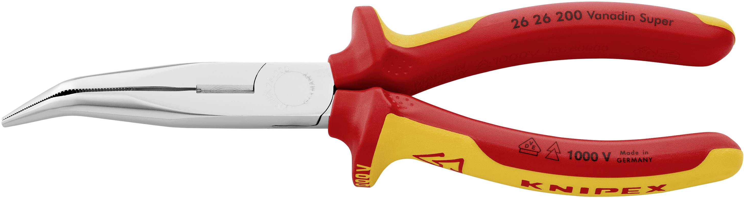 Rote und gelbe KNIPEX Zange mit gebogenen Spitzen, geeignet für Arbeiten an elektrischen Installationen bis 1000 V.