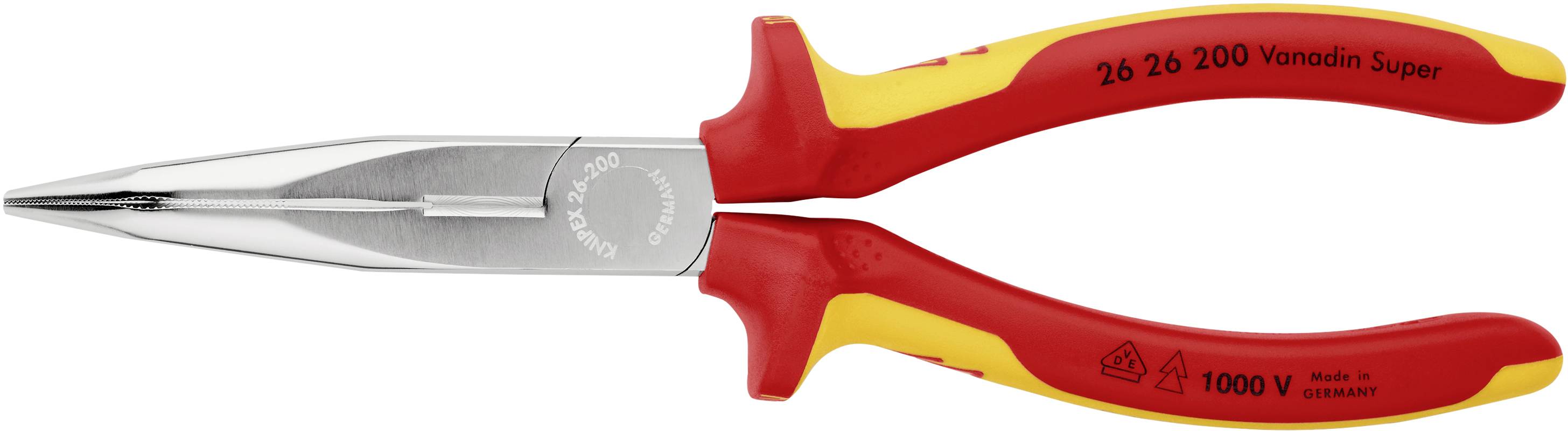Eine rote Spitzzange aus Metall mit isolierten Griffen, geeignet für Arbeiten bis 1000 Volt. Die Zange ist 26 cm lang und aus Vanadium gefertigt.