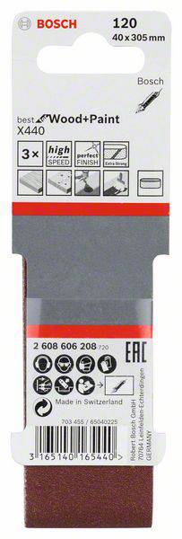 Verpackung eines Bosch Schleifpapiers für Holz und Farbe, Körnung 120, Maße 40 x 305 mm, hergestellt in der Schweiz, 3 Stück.