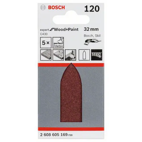 Bosch Accessories 2608605169 Deltaschleifpapier ungelocht Körnung (num) 120 (L x B) 130mm x 60mm 5St. Bosch Accessories 2608605169 Deltaschleifpapier ungelocht Körnung (num) 120 (L x B) 130mm x 60mm 5St.