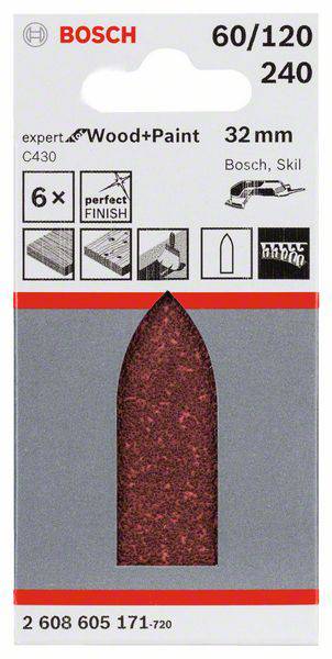 Bosch Schleifpapier, 60/120/240 Körnung, 32 mm Breite, Expert für Holz+Farbe, 6 Stück, perfekte Oberfläche, geeignet für Bosch, Skil.