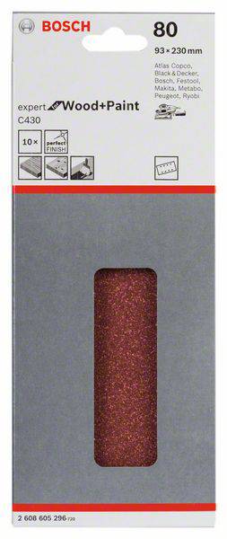 Bosch Schleifpapier für Holz und Farbe, Körnung 80, 10 Blatt, 93 x 230 mm, geeignet für diverse Marken wie Black & Decker und Festool.