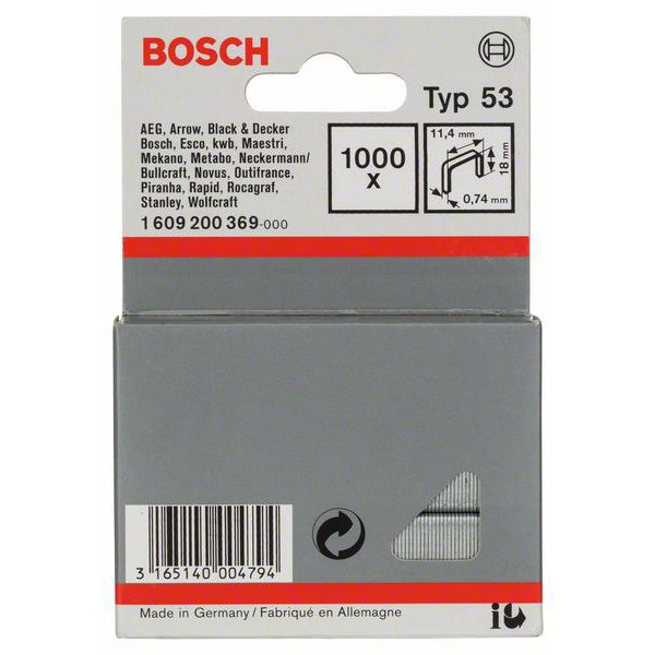 Bosch Accessories Feindrahtklammer Typ 53, 11,4 x 0,74 x 18 mm, 1000er-Pack 1000 St. 1609200369 Abmessungen (B x H) 11.4mm x 18mm