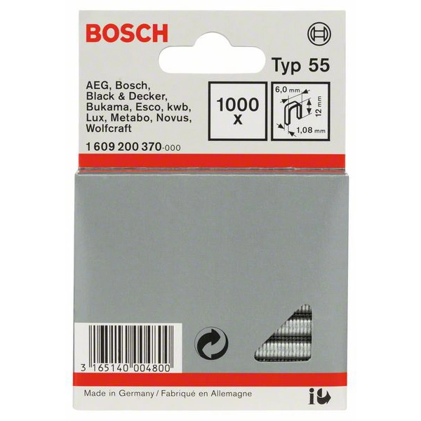 Bosch Accessories 1609200370 Schmalrückenklammern Typ 55 1000 St. Abmessungen (L x B) 12mm x 6mm Bosch Accessories 1609200370 Schmalrückenklammern Typ 55 1000 St. Abmessungen (L x B) 12mm x 6mm