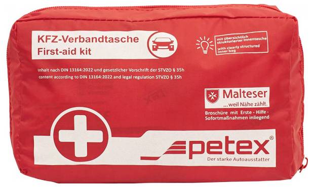 Rote Erste-Hilfe-Tasche mit der Beschriftung „KFZ-Verbandtasche