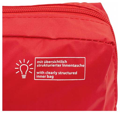 Eine rote Tasche mit einem aufgedruckten Etikett, das ein Glühbirnen-Symbol und den Text zeigt: „mit klar strukturierter Innentasche