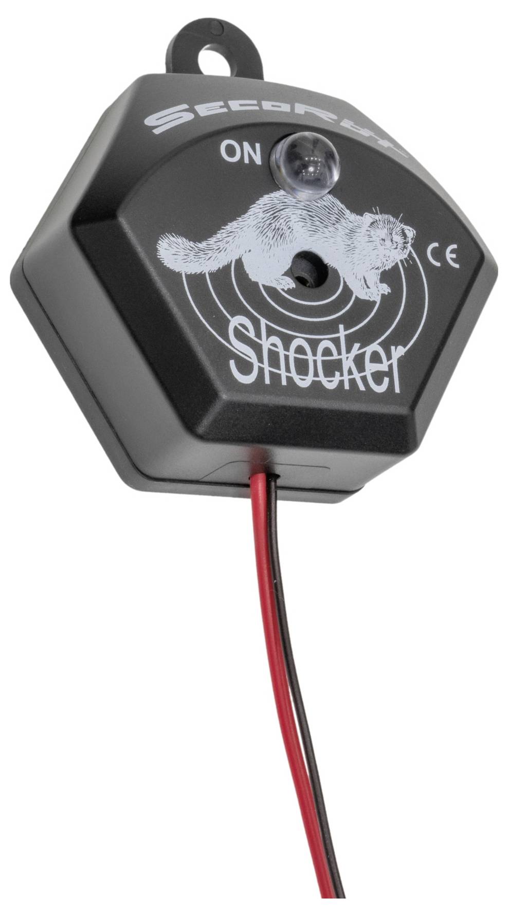 Ein sechseckiges Gerät mit der Aufschrift 'Shocker', einem Bild eines Tieres und einem Schalter mit den Positionen 'ON' und 'OFF'.